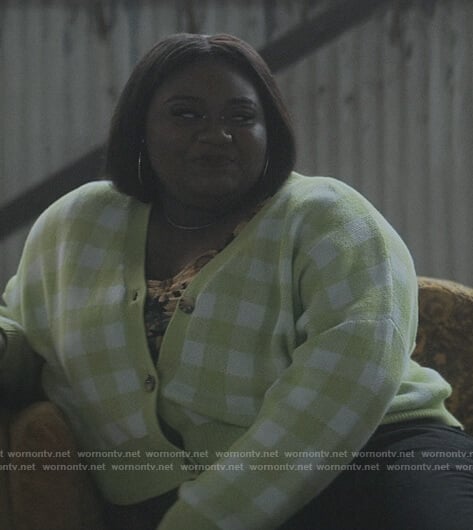 Maisha’s green check cropped cardigan on The Chi