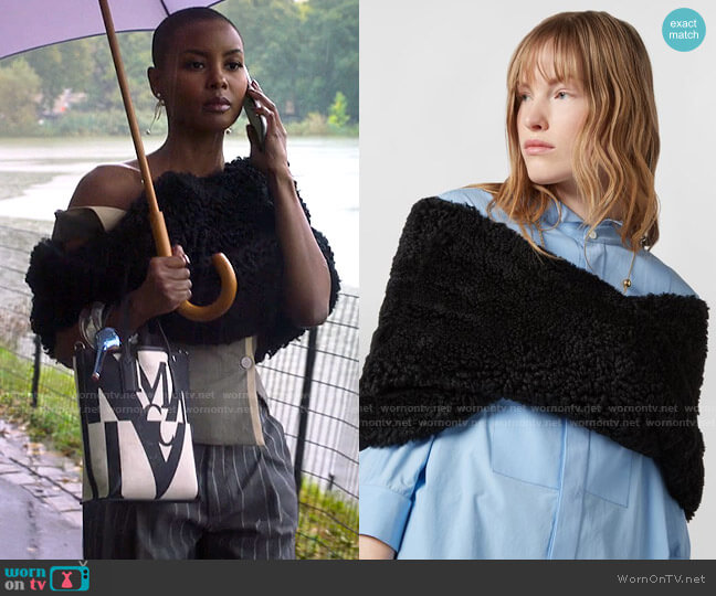 Marni Shearling Shrug worn by Ella McFair (Andrea Bordeaux) on Run the World