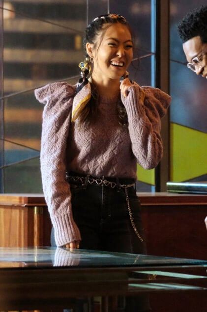 Mary’s purple puff sleeve pointelle sweater on Batwoman