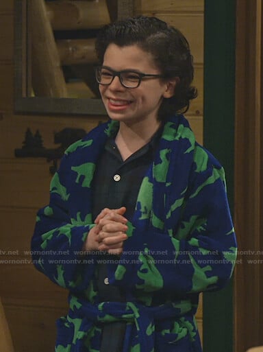 Matteo’s blue and green dinosaur robe on Bunkd