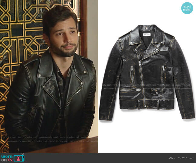Saint Laurent Distressed Leather Biker Jacket worn by Sam Flores (Rafael de la Fuente) on Dynasty