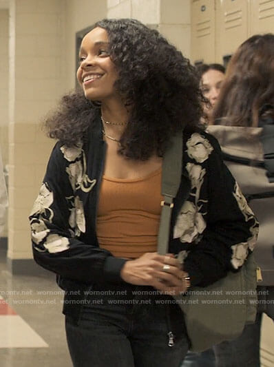 Mia’s black and white floral jacket on Love Victor