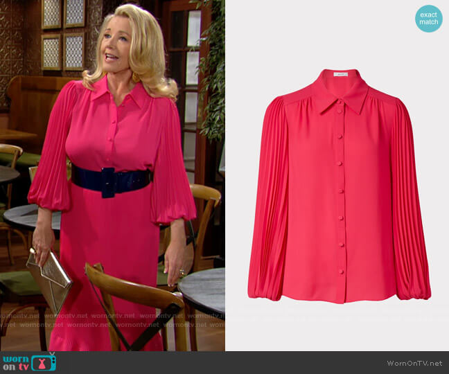 Milly Lina Pleat Blouse in Pomegranate worn by Nikki Reed Newman (Melody Thomas-Scott) on The Young and the Restless