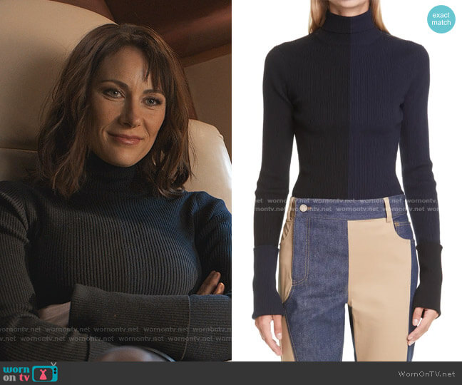 Monse Colorblock Rib Turtleneck Merino Wool Blend Sweater worn by Quinn (Laura Benanti) on Younger