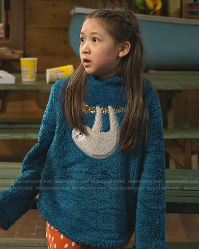 Nadine’s teal sloth sherpa hoodie on Bunkd