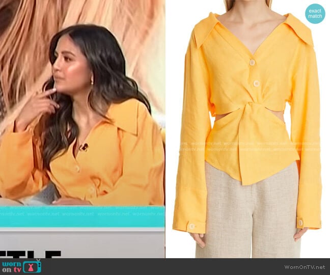Nanushka Rasha Twist Front Linen Shirt worn by Erin Lim on E! News
