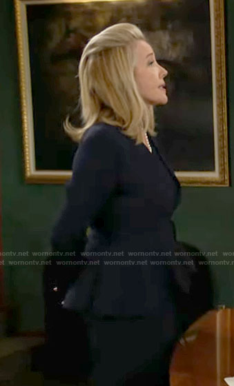 Nikki’s navy wrap jacket on The Young and the Restless
