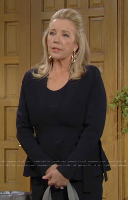 Nikki’s navy wrap jacket on The Young and the Restless