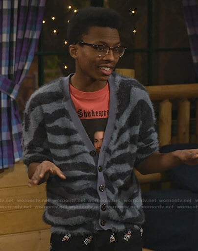Noah’s zebra cardigan and robot print pants on Bunkd