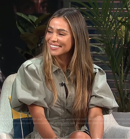 October Gonzalez’s grey puff sleeve shirtdress on E! News Daily Pop