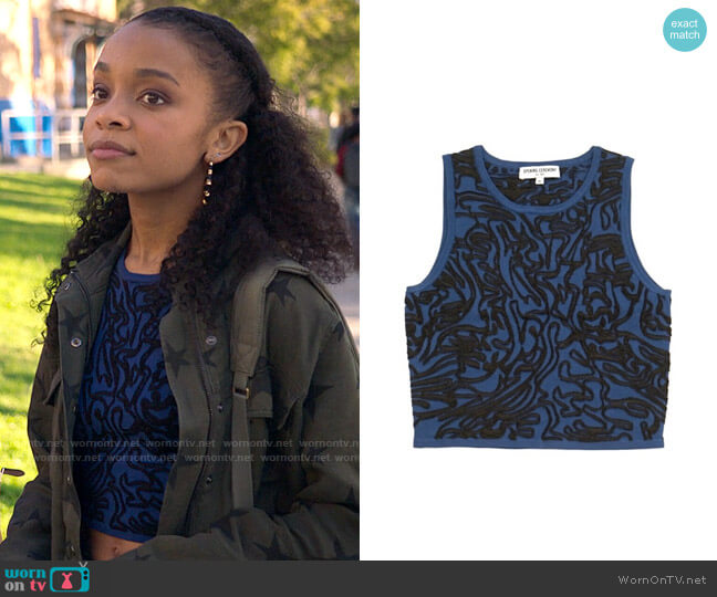 Opening Ceremony Cropped intarsia stretch-knit top worn by Mia Brooks (Rachel Hilson) on Love Victor