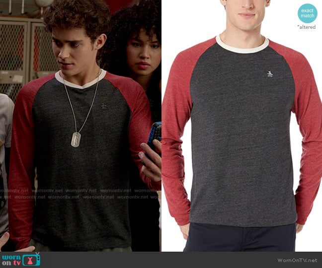 Original Penguin Long Sleeve Baseball Tee worn by Ricky (Joshua Bassett) on High School Musical The Musical The Series