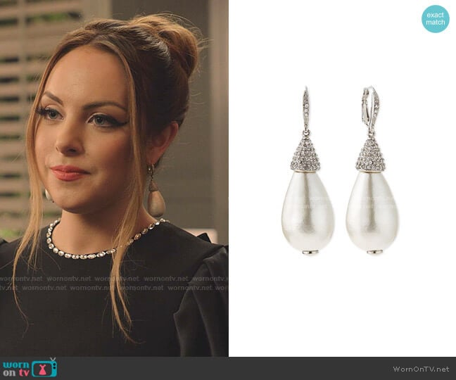 Oscar de la Renta Pearly Crystal Teardrop Earrings worn by Fallon Carrington (Elizabeth Gillies) on Dynasty