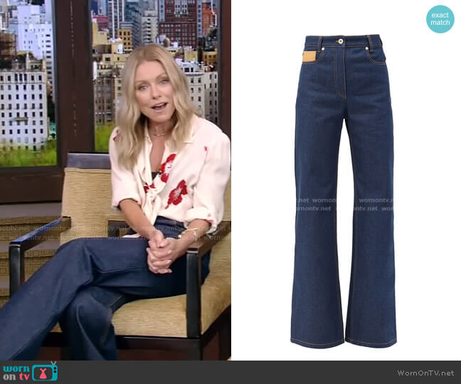 Paco Rabanne Leather-Patch High-Rise Flared Jeans worn by Kelly Ripa on Live with Kelly and Mark