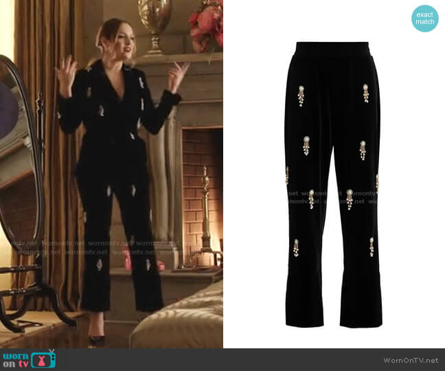 Patbo Embellished Beaded Velvet Pants worn by Fallon Carrington (Elizabeth Gillies) on Dynasty