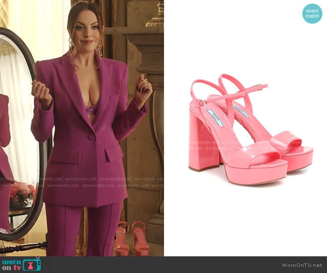 Prada Patent Leather Platform Sandals worn by Fallon Carrington (Elizabeth Gillies) on Dynasty