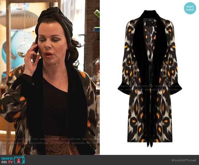 R13 Leopard Print Velvet Trim Robe Jacket worn by Maggie (Debi Mazar) on Younger