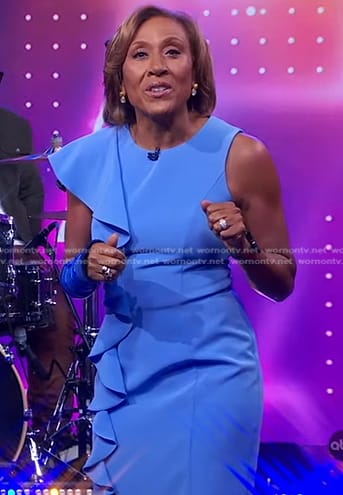 Robin’s blue ruffled sheath dress on Good Morning America