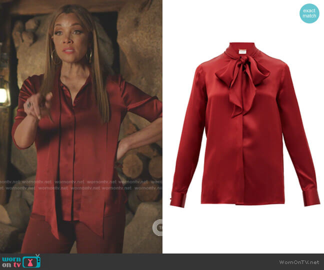 Saint Laurent Pussy-Bow Silk-Satin Blouse worn by Dominique Deveraux (Michael Michele) on Dynasty