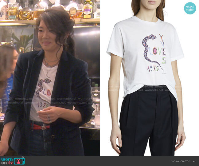 Saint Laurent Yves Love 1975 Snake Logo Graphic T-Shirt worn by Crystal Kung Minkoff on The Real Housewives of Beverly Hills