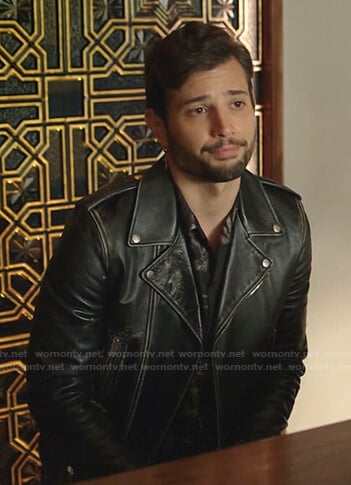Sam’s black distressed leather moto jacket on Dynasty