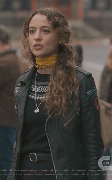 Sarah’s leather jacket with patches on The Republic of Sarah