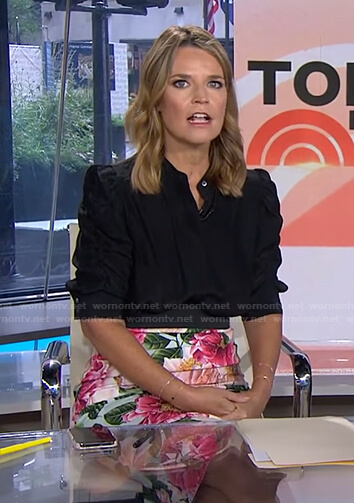 Savannah’s black puff sleeve blouse and floral skirt on Today