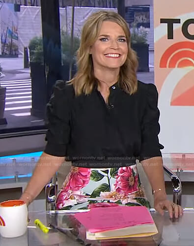 Savannah’s black puff sleeve blouse and floral skirt on Today