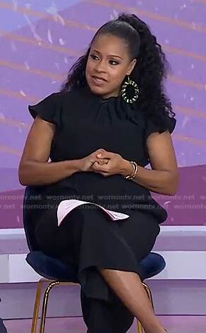 Sheinelle’s black ruffled tie neck jumpsuit on Today