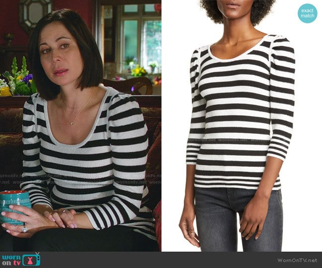 Smythe Puff Sleeve Stripe Cotton Blend Sweater worn by Cassandra Nightingale (Catherine Bell) on Good Witch