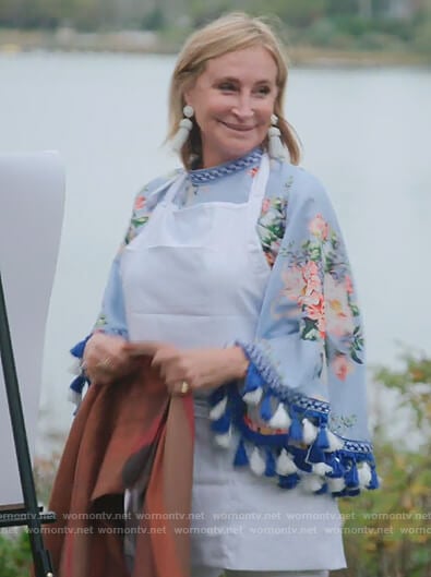 Sonja’s blue floral tassel trim blouse on The Real Housewives of New York City