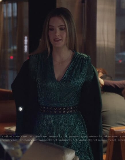Sutton’s green metallic ruffle dress on The Bold Type