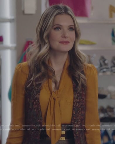Sutton’s yellow floral print tie neck blouse on The Bold Type