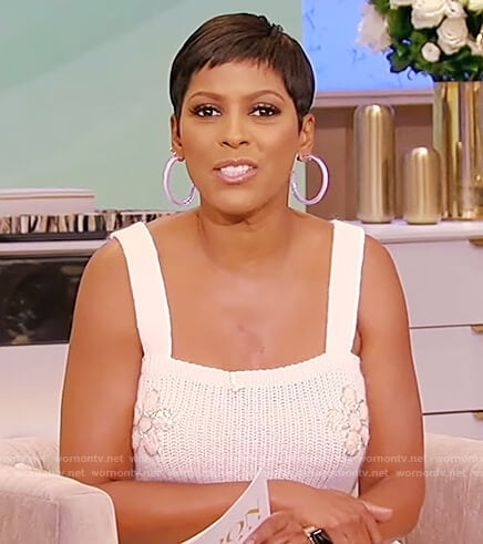 Tamron’s white floral knit crop top on Tamron Hall Show