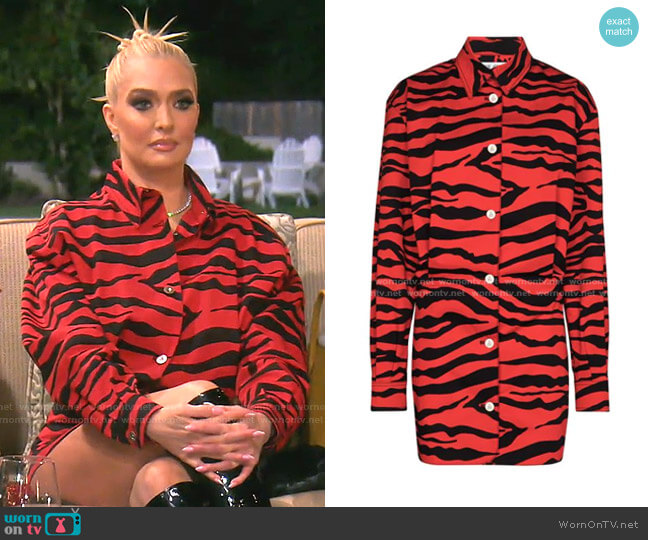 The Attico Zebra-Print Mini Shirtdress worn by Erika Jayne on The Real Housewives of Beverly Hills
