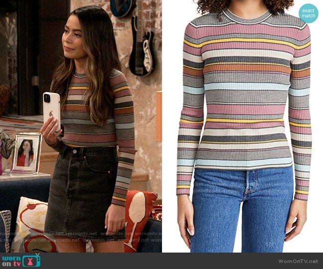 Theory Stripe Crew Neck Sweater in Dusty Pink Multi worn by Carly Shay (Miranda Cosgrove) on iCarly