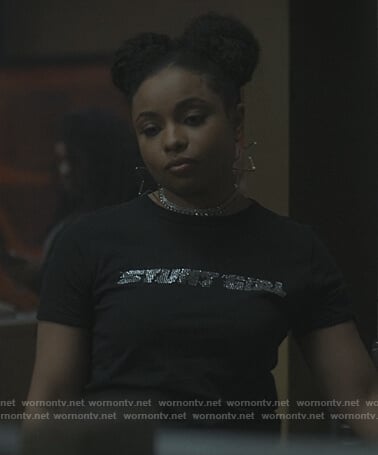 Tiffany’s black Stunt Girl embellished tee on The Chi