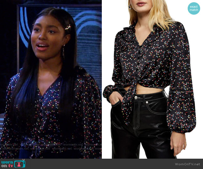 Topshop Star & Heart Print Tie Satin Top worn by Chanel Dupree (Precious Way) on Days of our Lives