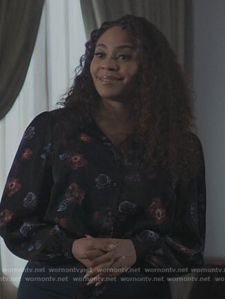 Tracy’s black floral print blouse on The Chi