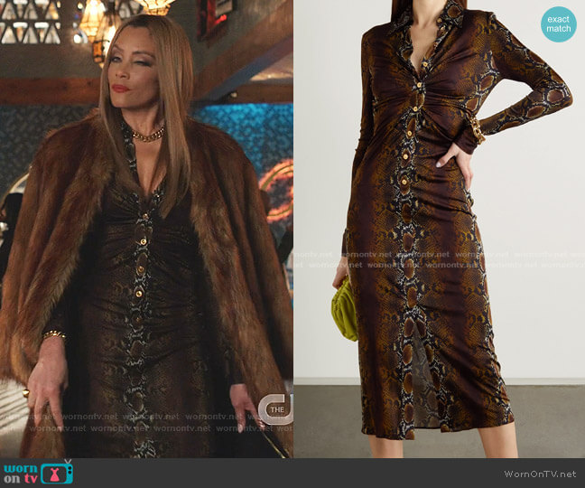 Versace Ruched Snake-Print Stretch-Jersey Midi Shirt Dress worn by Dominique Deveraux (Michael Michele) on Dynasty