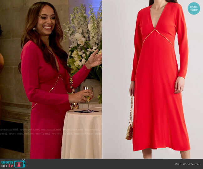 Victoria Beckham V-Neck Chain Crepe Midi worn by Whitney Green (Amber Stevens West) on Run the World
