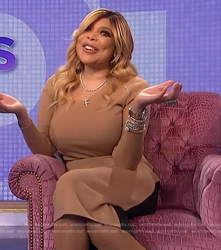 Wendy’s beige asymmetric top and skirt on The Wendy Williams Show