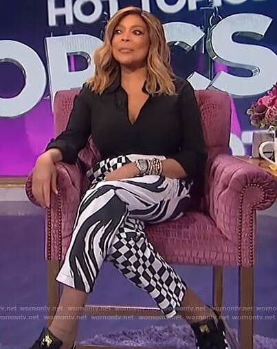 Wendy’s black wrap blouse and printed pants on The Wendy Williams Show