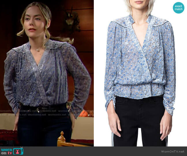 Zadig & Voltaire Tori Blouse in Bleuet worn by Hope Logan (Annika Noelle) on The Bold and the Beautiful