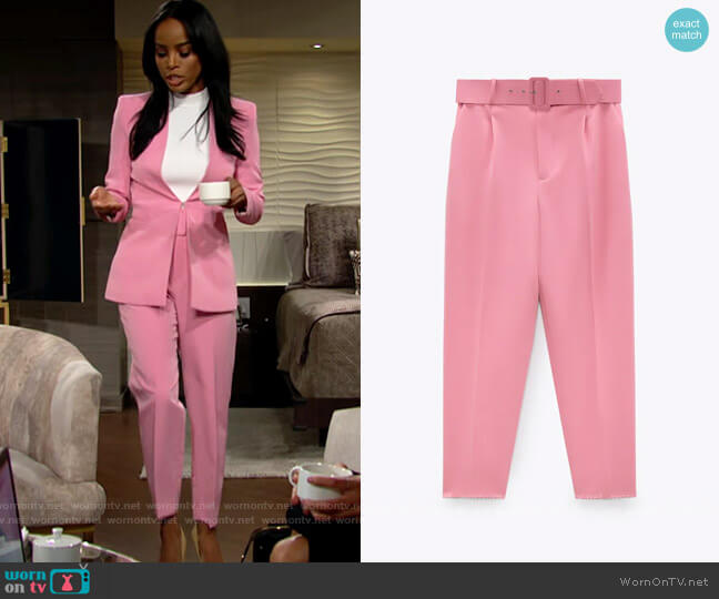 Zara Pants with Fabric-covered Belt in Pink worn by Imani Benedict (Leigh-Ann Rose) on The Young and the Restless