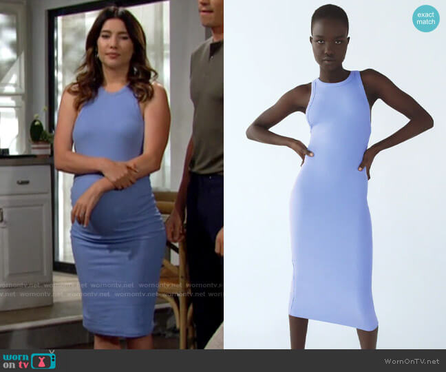 Zara Ribbed Dress in Light Blue worn by Steffy Forrester (Jacqueline MacInnes Wood) on The Bold and the Beautiful