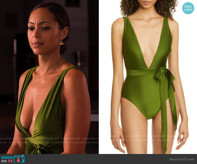 Zimmermann Plunging V-Neck Tie One-Piece Swimsuit worn by Whitney Green (Amber Stevens West) on Run the World