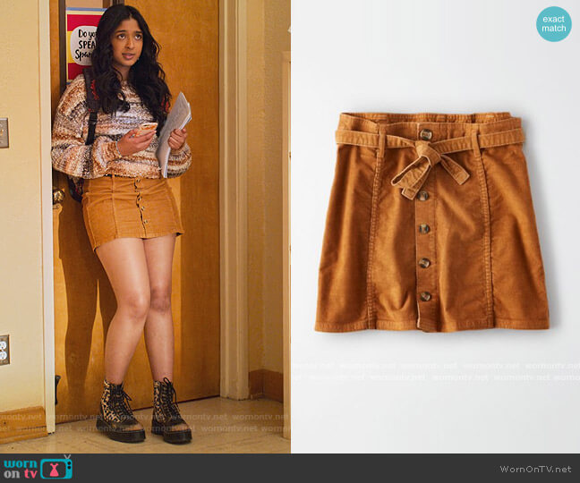 American Eagle Corduroy A line Skirt worn by Devi Vishwakumar (Maitreyi Ramakrishnan) on Never Have I Ever