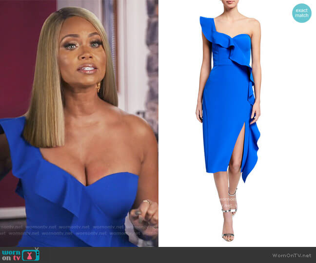 Aidan by Aidan Mattox Asymmetric Ruffle One-Shoulder Crepe Dress worn by Gizelle Bryant on The Real Housewives of Potomac
