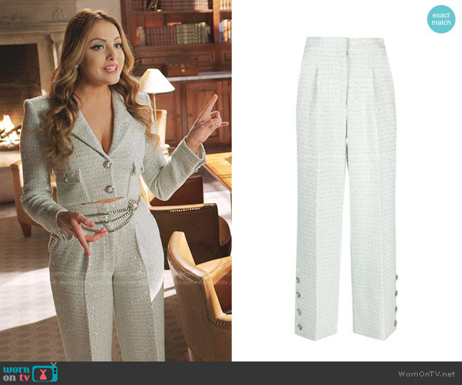Alessandra Rich Button-Embellished Sequined Wool-Blend Tweed Pants worn by Fallon Carrington (Elizabeth Gillies) on Dynasty